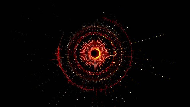 Wall Mural - Abstract futuristic red motion graphic rotating circular mechanism with several different parts. Sci-fi futuristic HUD equalizer appears and grows. 3D animation isolated over black background in 4K