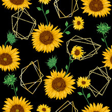 Seamless Pattern With Golden Polygonal Shapes And Sunflowers In Watercolor Style. Vector Illustration