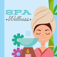 Wall Mural - woman with towel on head aromatherapy candle flower spa wellness vector illustration