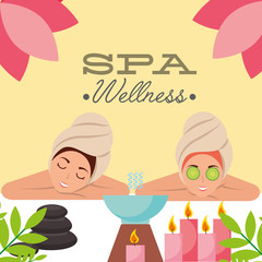 Canvas Print - two woman with towel on head aromatherapy candles spa wellness vector illustration