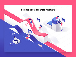 Fototapete - People interacting with charts and analysing statistics and data. Landing page template. 3d isometric illustration.