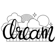 'Dream' word calligraphic design with clouds, sun, rainbow and stars in linear style on white background