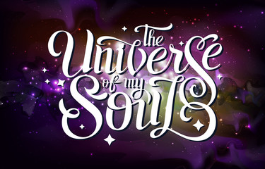 Wall Mural - lettering. typography design on abstract open space background. starfield, universe, nebula in galax