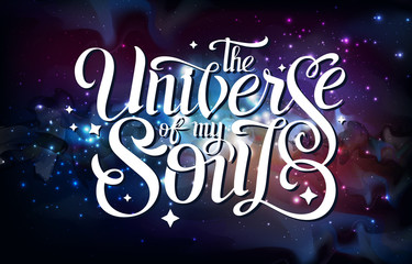 Wall Mural - lettering. typography design on abstract open space background. starfield, universe, nebula in galax