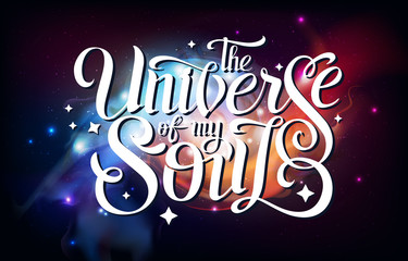 Wall Mural - lettering. typography design on abstract open space background. starfield, universe, nebula in galax
