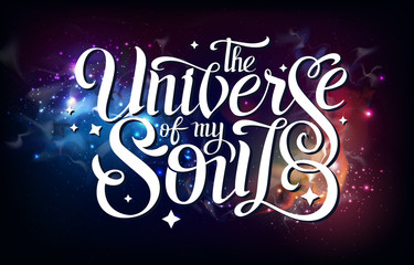 Wall Mural - lettering. typography design on abstract open space background. starfield, universe, nebula in galax