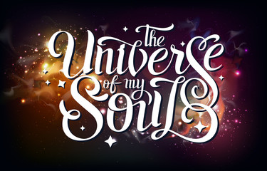 Wall Mural - lettering. typography design on abstract open space background. starfield, universe, nebula in galax