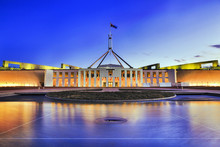 Canberra Parliament Pool Reflection At Sunset - Public Building With Free Access.