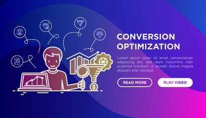 Wall Mural - conversion optimization concept, smm manager with magnifier looking at sales funnel to improve amoun