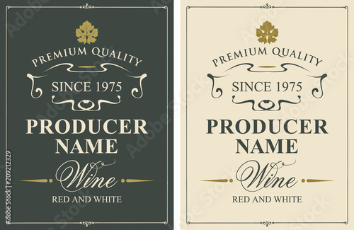 Set of two vector wine labels with vine leaves and calligraphic inscriptions in Poster Mural XXL