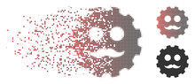 Vector Gentleman Smiley Gear Icon In Sparkle, Dotted Halftone And Undamaged Solid Versions. Disappearing Effect Uses Rectangular Dots And Horizontal Gradient From Red To Black.