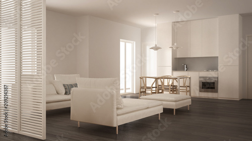 Clean Minimal Interiors modern clean living room with kitchen and dining table sofa pouf and chaise longue