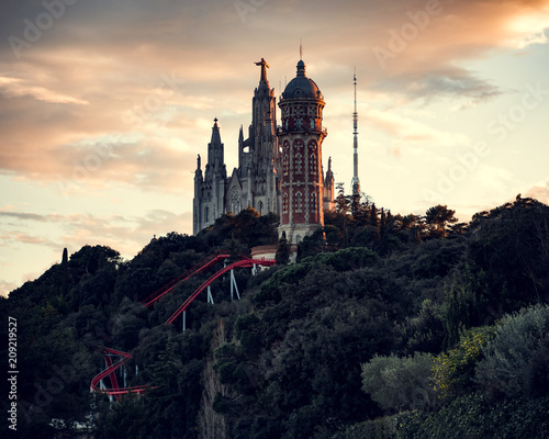 Dream Fairy Tale Sun Down Church And Monumental Tower In Spain Barcelona With Cloudy Weather Marchen Sonnenuntergang Barcelona Tibidago Mit Kirche Und Plattform In Spanien Auf Einem Berg Buy This