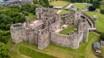 Poster - Aerial view of Raglan Castle in Monmouthshire, South Wales, UK