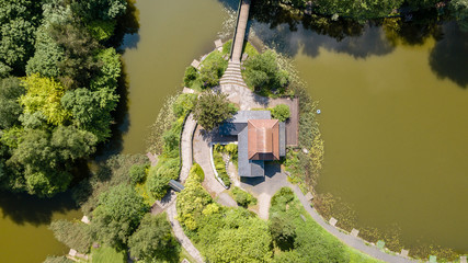 Wall Mural - top down aerial view of the old japanese pagoda in the garden festival site, ebbw vale, wales