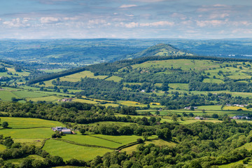 Wall Mural - aerial view of green farmland and fields in the rural welsh countryside