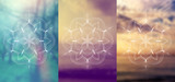 Set of three template for card or poster, vertical format; Spiritual abstract sacred geometry on wonderful blurred background; "Flower of life" and lotus; Yoga, meditation and relax.