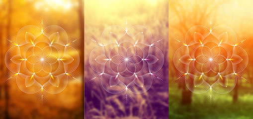 Wall Mural - Set of three template for card or poster, vertical format; Spiritual abstract sacred geometry on wonderful blurred background; 