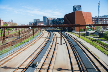 high angle view of railway and train station in copenhagen, denmark