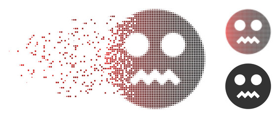 Vector angry smiley icon in dissolved, dotted halftone and undamaged solid versions. Disappearing effect involves rectangular scintillas and horizontal gradient from red to black.