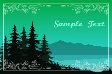 Wall Mural - Night Landscape, Green Mountains Lake or River, Fir Trees Black Silhouettes and Frame with a Floral Pattern. Vector