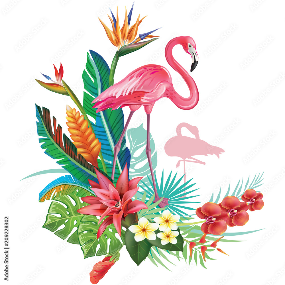 Tropical decoration with Flamingoes and Trop - obrazy, fototapety, plakaty 