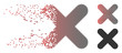 Vector cancel icon in dispersed, dotted halftone and undamaged entire versions. Disintegration effect involves rectangular dots and horizontal gradient from red to black.