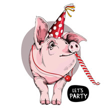 Pig In A Party Cap And With A Red Funny Whistle Blowing. Vector Illustration.