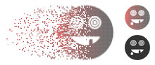Vector Maniac Smiley Icon In Fractured, Pixelated Halftone And Undamaged Whole Versions. Disintegration Effect Uses Square Dots And Horizontal Gradient From Red To Black.