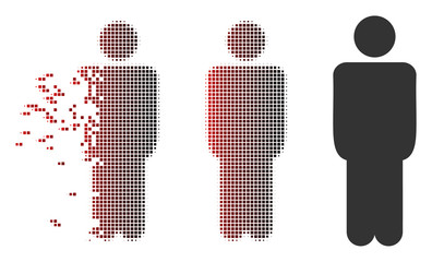 Vector man icon in sparkle, pixelated halftone and undamaged solid variants. Disappearing effect uses rectangular sparks and horizontal gradient from red to black.