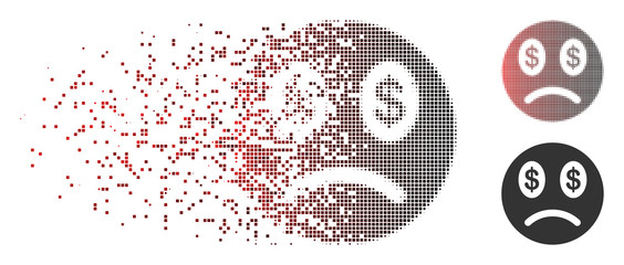 Vector sad business smiley icon in sparkle, pixelated halftone and undamaged solid versions. Disintegration effect involves rectangle sparks and horizontal gradient from red to black.