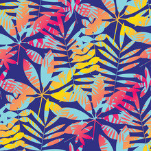 Cool Vivid Bright Color Tropical Leaves Seamless Pattern
