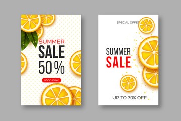 Summer sale banners with sliced orange pieces, leaves and dotted pattern. White background - template for seasonal discounts, vector illustration.