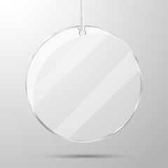 Glass flat round banner on a silver satin ribbon. Realistic vector illustration.