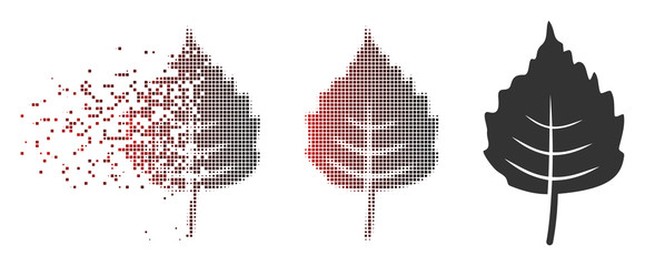 Fototapete - Vector birch leaf icon in dissolved, pixelated halftone and undamaged solid variants. Disappearing effect involves square particles and horizontal gradient from red to black.