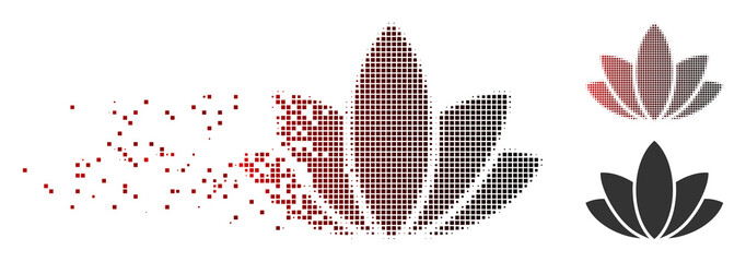 Fototapete - Vector lotus flower icon in dispersed, dotted halftone and undamaged entire versions. Disintegration effect uses rectangular sparks and horizontal gradient from red to black.