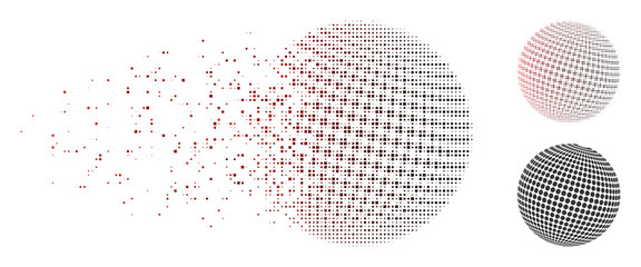 Fototapete - Vector abstract dotted sphere icon in dissolved, dotted halftone and undamaged entire variants. Disintegration effect uses square sparks and horizontal gradient from red to black.