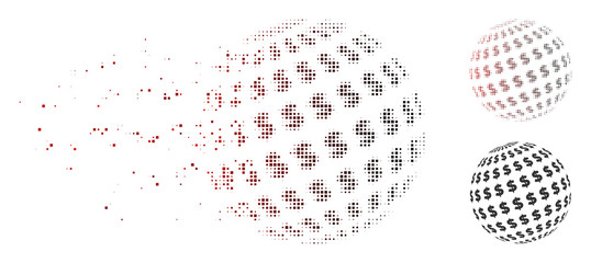 Wall Mural - Vector dollar abstract sphere icon in dispersed, dotted halftone and undamaged solid variants. Disappearing effect uses square particles and horizontal gradient from red to black.