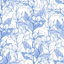 Blue Floral Seamless Pattern 5. Monochrome Watercolor Background With Flowers