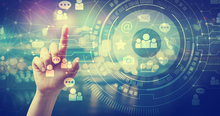Wall Mural - Social Media with hand pressing a button at night