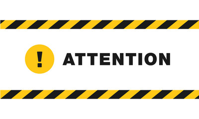 attention sign between black and yellow striped ribbons isolated on white background. yellow circle 