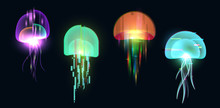 Futuristic Digital Vector 3d Hologram Jellyfish On Black Background. Modern Illustration In Tv Glitch Distorted Style.
