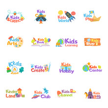 Kids Logo Vector Set. Logo Collection Of Kids Club, Land, Playground, Zone, Hobby, Arts. Colorful Promo Signs And Creative Idea For Children's Playing Space. Vector Icons And Symbols Set Of Child Logo