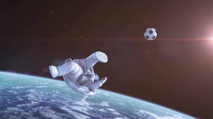 Wall Mural - bicycle kick in space, astronaut shoots on goal. beautiful abstract 3d animation. 4k