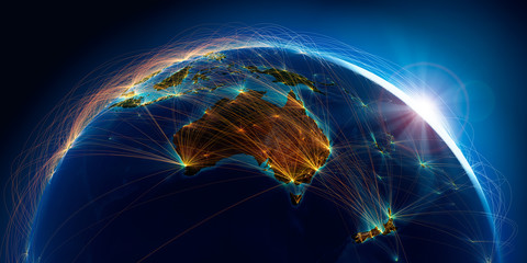 planet earth with detailed relief is covered with a complex luminous network of air routes based on 