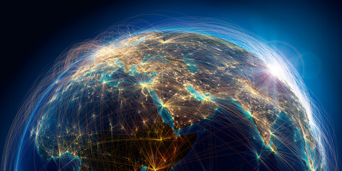 Wall Mural - planet earth with detailed relief is covered with a complex luminous network of air routes based on 