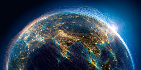Wall Mural - planet earth with detailed relief is covered with a complex luminous network of air routes based on 