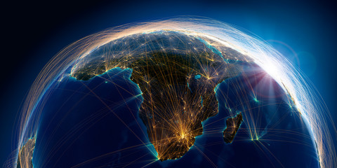 planet earth with detailed relief is covered with a complex luminous network of air routes based on 