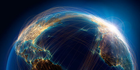 Wall Mural - planet earth with detailed relief is covered with a complex luminous network of air routes based on 