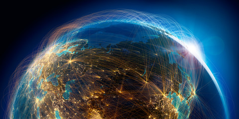 Wall Mural - planet earth with detailed relief is covered with a complex luminous network of air routes based on 